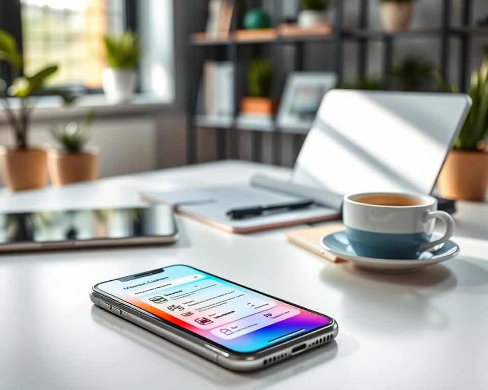 A sleek, modern iPhone on a minimalist desk, showing a vibrant interface of a premium cleaning app for iOS. In the foreground, the phone's screen displays a colorful dashboard with cleaning options, including memory optimization, storage analysis, and system health checks. The middle layer features a stylish, organized workspace with a laptop, notebook, and a cup of coffee, evoking productivity and efficiency. Soft natural lighting filters in from a nearby window, creating a warm and inviting atmosphere. The background shows a subtle hint of a contemporary office environment with blurred shelves and planters, emphasizing a sense of tech-savvy sophistication and a focus on maintaining a clean digital life. A sleek, modern iPhone on a minimalist desk, showing a vibrant interface of a premium cleaning app for iOS. In the foreground, the phone's screen displays a colorful dashboard with cleaning options, including memory optimization, storage analysis, and system health checks. The middle layer features a stylish, organized workspace with a laptop, notebook, and a cup of coffee, evoking productivity and efficiency. Soft natural lighting filters in from a nearby window, creating a warm and inviting atmosphere. The background shows a subtle hint of a contemporary office environment with blurred shelves and planters, emphasizing a sense of tech-savvy sophistication and a focus on maintaining a clean digital life.