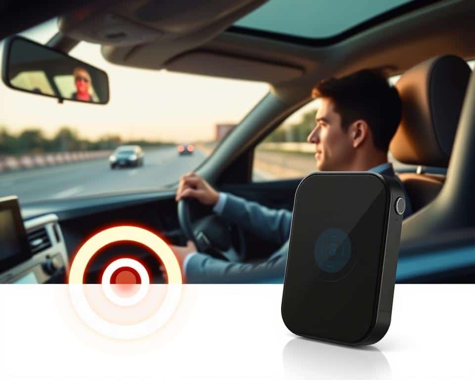 A sleek radar detector device, prominently displayed in the foreground, with a minimalist design emphasizing functionality. The device emits a subtle, glowing signal, depicted as a series of concentric circles radiating outward, symbolizing its detection capabilities. In the middle ground, a driver in business attire sits focused at the steering wheel of a modern car, with a look of concentration reflecting the simplicity and effectiveness of the radar system. The background features a blurred highway scene, indicating speed and movement, under soft late afternoon lighting that casts gentle reflections on the car's interior. The overall mood conveys clarity and confidence in navigating the road safely, highlighting the radar beep as a reliable tool for drivers.