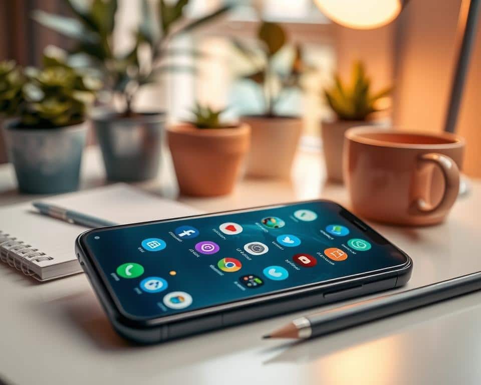 A smartphone screen prominently displaying various app icons, with specific emphasis on those consuming significant storage space, such as social media, games, and media streaming apps. In the foreground, the phone is situated on a clean, minimalist desk with a notepad and a pencil, suggesting a productive environment. The middle ground features a soft-focus background of a cozy office space with warm lighting, featuring houseplants and a coffee mug to create an inviting atmosphere. Use a high-angle shot to capture the screen details clearly while incorporating natural light from a nearby window to enhance the scene. The mood should be informative yet approachable, reflecting a balance between efficiency and comfort.