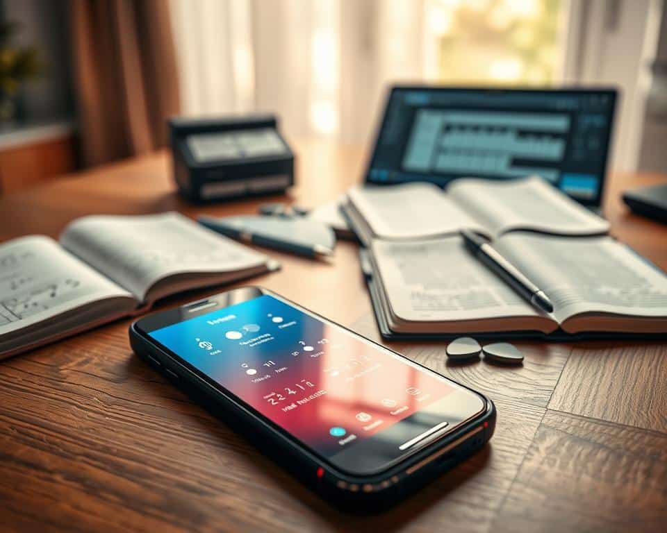 A tranquil workspace displaying the criteria for selecting guitar tuning apps. In the foreground, a stylish smartphone rests on a wooden desk, displaying a vibrant interface of a guitar tuning app with clear tuning indicators. In the middle background, gently blurred, there are open notebooks with handwritten notes, a laptop with a music software interface, and a few guitar picks scattered about. The background features soft, natural light filtering in through a nearby window, creating a warm and inviting atmosphere. The overall color palette is earthy and calming, emphasizing a focused environment for making choices about technology and music. The scene exudes professionalism and creativity, ideal for a tech-savvy audience. A tranquil workspace displaying the criteria for selecting guitar tuning apps. In the foreground, a stylish smartphone rests on a wooden desk, displaying a vibrant interface of a guitar tuning app with clear tuning indicators. In the middle background, gently blurred, there are open notebooks with handwritten notes, a laptop with a music software interface, and a few guitar picks scattered about. The background features soft, natural light filtering in through a nearby window, creating a warm and inviting atmosphere. The overall color palette is earthy and calming, emphasizing a focused environment for making choices about technology and music. The scene exudes professionalism and creativity, ideal for a tech-savvy audience.
