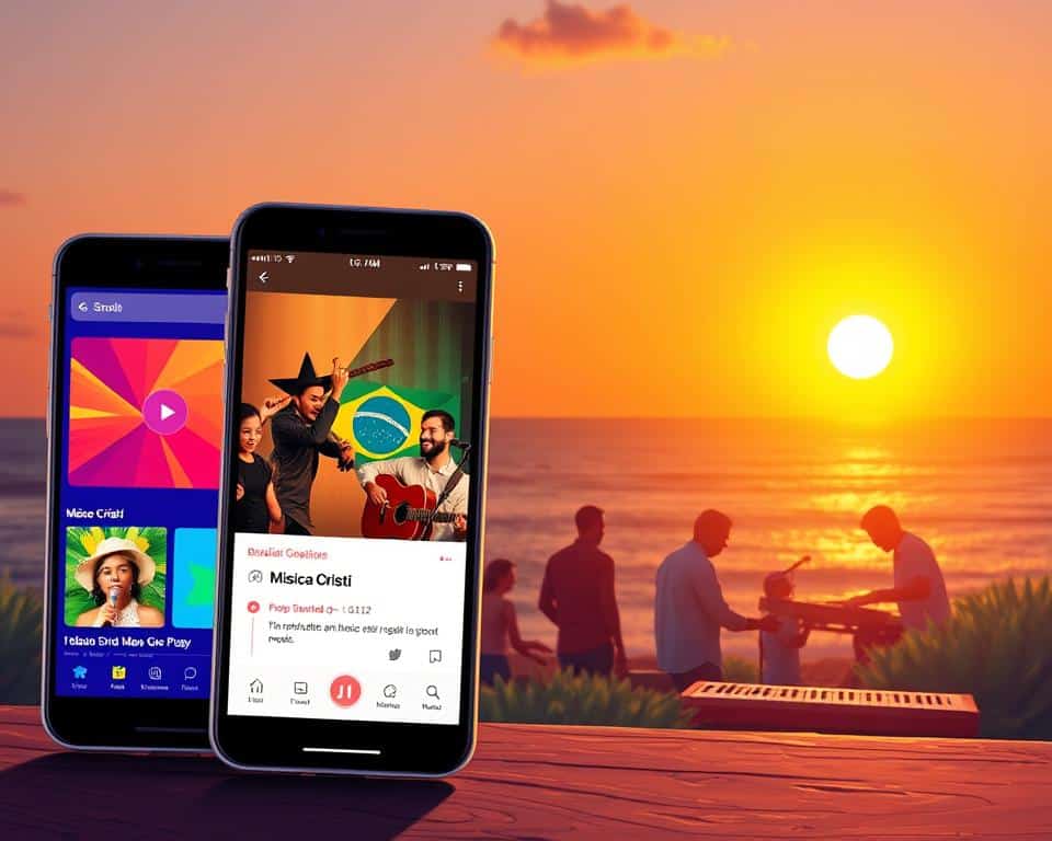 A vibrant digital illustration showcasing two popular Brazilian gospel music apps, positioned prominently in the foreground: the first app features an interface with colorful album covers and play buttons, while the second app includes a playlist titled "Música Cristã". In the middle, depictions of Brazilian musicians engaging with their instruments, such as a guitar and keyboard, highlight the cultural aspect of gospel music. In the background, a serene coastal sunset casts a warm glow, enhancing the peaceful mood. The lighting is soft yet bright, creating an inviting atmosphere. The image is in high resolution, emphasizing vivid colors and details, captured from a slightly elevated angle to provide depth and perspective. The composition evokes a sense of community and celebration of faith through music.