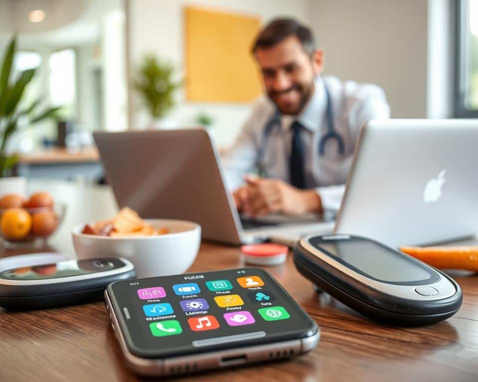 A visually engaging and informative composition showcasing the top five diabetes management apps for 2024. In the foreground, an open smartphone displays colorful app icons related to glucose monitoring, surrounded by medical devices like a blood glucose meter and a stylized graph representing blood sugar levels. The middle ground features a modern workspace with a laptop and healthy snacks, emphasizing a balanced lifestyle. In the background, a soft-focus image of a friendly healthcare professional, dressed in business attire, interacts with a patient, illustrating support and guidance. The lighting is bright and inviting, creating a positive atmosphere. Use a moderate angle to capture depth and clarity, ensuring the entire scene feels cohesive and inspiring.
