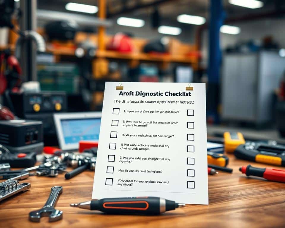 A detailed, colorful checklist titled "Vehicle Diagnostic Solution Checklist" prominently displayed in the foreground, featuring five numbered questions about selecting automotive scanner apps. Each question should be clearly represented with checkboxes next to them. The checklist should appear on a wooden desk surface cluttered with automotive tools and gadgets, such as wrenches and circuit testers, creating a mechanic's workshop atmosphere. In the background, a blurred image of an auto repair shop can be seen, with soft lighting highlighting the tools and equipment. The overall mood should be informative and professional, designed to convey the importance of making informed choices in automotive diagnostics. The scene should be bright and well-lit, suggesting a productive and focused environment.