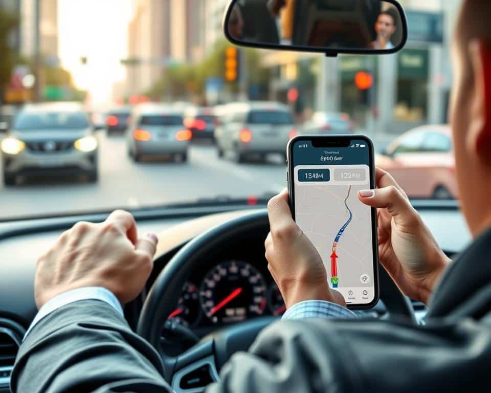 A detailed illustration of essential features for traffic alert applications, highlighting a smartphone displaying a sleek app interface with speed radar detection. In the foreground, a close-up of a driver holding the phone, dressed in smart casual attire, with a focused expression. In the middle ground, a car dashboard with GPS navigation, showcasing visual elements like speedometer and traffic alerts on the screen. The background features a busy urban street, emphasizing road signs and traffic lights, bathed in soft, natural daylight. The overall atmosphere should be proactive and informative, conveying the importance of technology in enhancing driver safety. The image composition should be dynamic with a slightly tilted angle, suggesting motion and real-time interaction with the app.