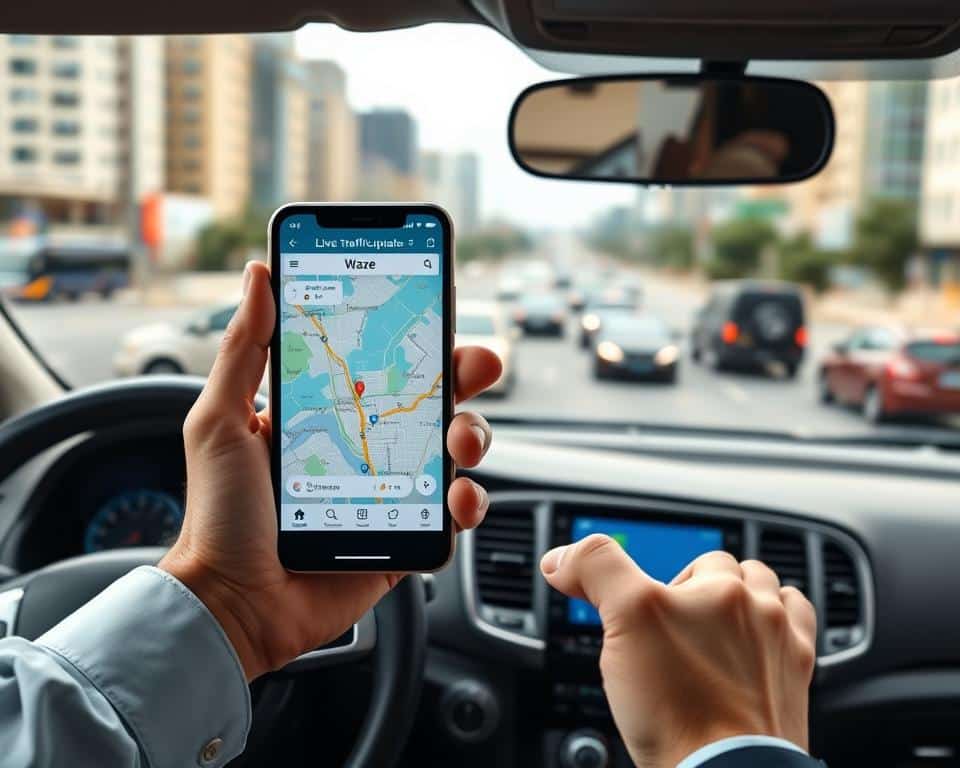A dynamic scene illustrating the Waze app in action on a smartphone, held by a driver in a professional, modest outfit. In the foreground, a clear view of the smartphone screen displays the vibrant Waze interface with a map and live traffic updates. The middle ground features a car dashboard with navigation instruments, symbolizing the connection between technology and driving. In the background, a scenic urban landscape showcases bustling streets with various vehicles, hinting at real-time traffic alerts. Soft diffused lighting creates an inviting atmosphere, while a slightly elevated angle emphasizes the smartphone and its connectivity to the environment. The overall mood conveys efficiency and collaboration among drivers, embodying the spirit of Waze as more than just a GPS.