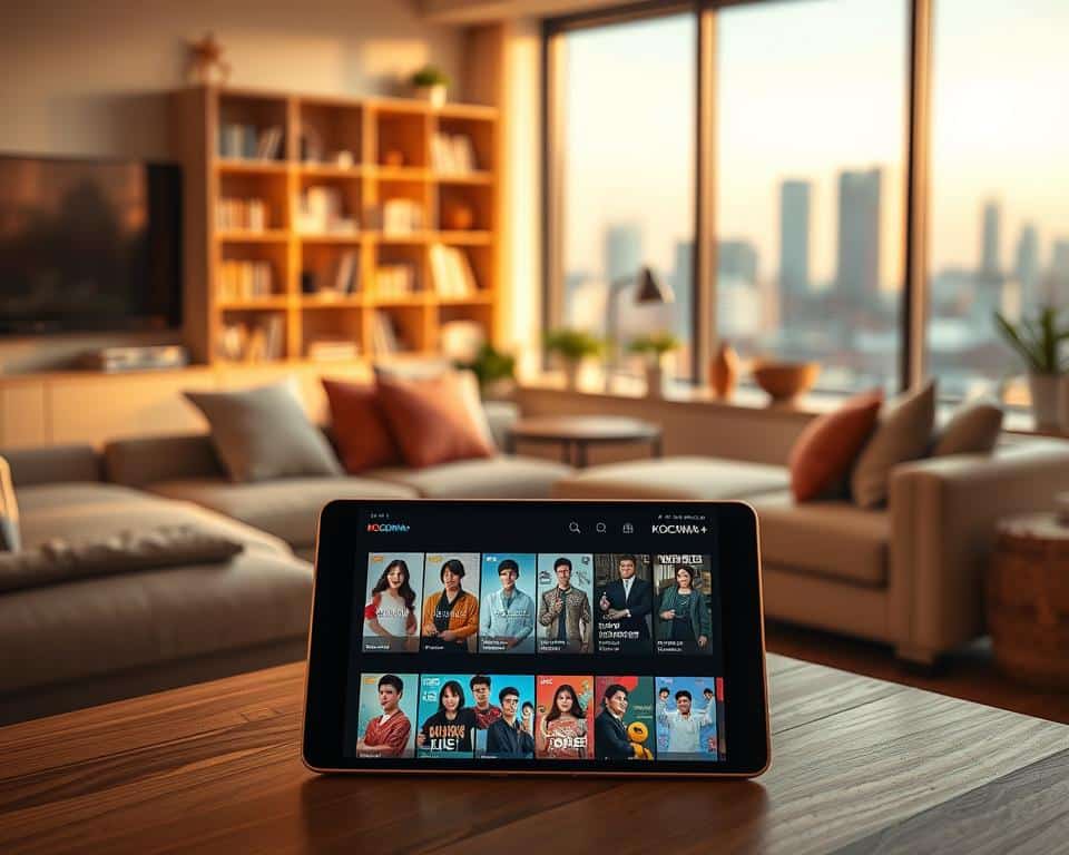 A modern and inviting digital interface showcasing the KOCOWA+ streaming platform. In the foreground, prominently display a sleek tablet or smartphone featuring vibrant thumbnails of popular Korean dramas. In the middle, a cozy living room setting with a stylish couch and a warm, inviting bookshelf filled with Korean cultural artifacts. In the background, soft ambient lighting creates a relaxed atmosphere, with large windows revealing a scenic cityscape. The mood is cheerful and engaging, embodying the excitement of discovering fresh Korean content. Use a warm color palette to evoke a sense of comfort and belonging, while maintaining a sharp focus on the device showcasing KOCOWA+.
