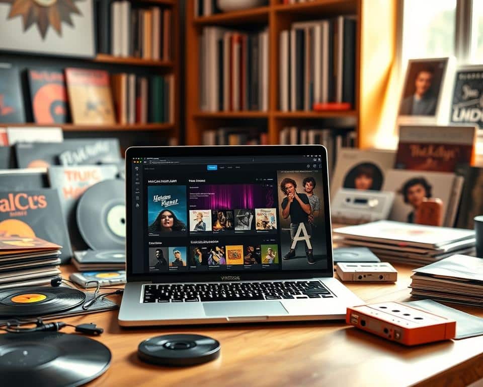 A modern digital workspace featuring a sleek laptop displaying a vintage music app interface, front and center. Surrounding the laptop, an array of colorful vinyl records, cassette tapes, and rare music memorabilia, symbolizing musical discovery. In the background, a softly lit bookshelf filled with music books and classic albums, adding depth and context. The atmosphere is warm and inviting, illuminated by natural light streaming through a window, creating a cozy vibe. The scene is framed at a slight angle to emphasize the laptop while keeping the details of the music collection visible. The overall mood conveys nostalgia and excitement for discovering hidden musical treasures.