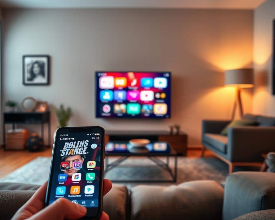A modern living room scene featuring a sleek smart TV displaying a vibrant streaming interface. In the foreground, a smartphone is prominently positioned, with visual elements indicating content casting to the TV. The middle ground shows the TV screen lit up with colorful app icons, creating a dynamic contrast against a soft, neutral-toned wall. The background includes stylish furniture and warm ambient lighting, giving a cozy and inviting atmosphere. The lighting should be warm and engaging, highlighting both the phone and the TV screen. The camera angle is slightly above eye level, capturing the essence of a tech-savvy family environment while emphasizing the ease of streaming content.