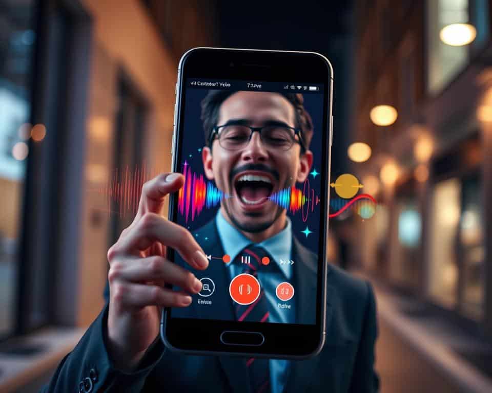 A modern smartphone displaying a dynamic voice modification app interface, showcasing vibrant sound waves and digital effects. In the foreground, a user, dressed in professional business attire, is animatedly speaking into the phone, their expression filled with excitement and wonder. In the middle ground, colorful sound visualizations and voice modulation graphics emanate from the device, swirling around the user in an imaginative display. The background features a softly blurred urban setting with dim, warm lighting that enhances the innovative technology atmosphere. The overall mood is playful yet professional, capturing the essence of real-time voice transformation. The composition is shot from a slightly elevated angle, adding depth and intrigue to the scene.