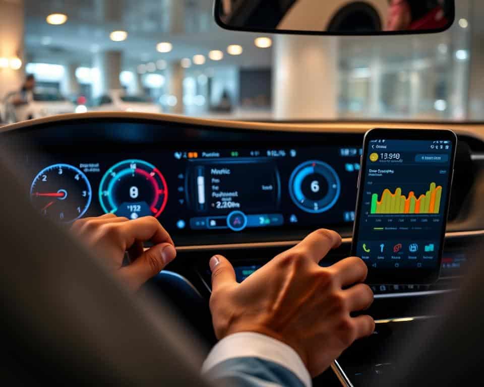 A sleek car dashboard displaying advanced technology, with an interactive screen highlighting real-time vehicle management and driving analysis data. In the foreground, a close-up of a user's hands navigating the Infocar app, showcasing diagnostic features and analytics in a professional setting. In the middle, a subtle focus on the dashboard's intricate digital interface, featuring vibrant graphs and vehicle metrics illuminated by ambient LED lighting. In the background, a modern car interior reflects a sense of sophistication, with soft lighting creating an inviting atmosphere. The scene conveys a feeling of innovation and intelligence in vehicle management, emphasizing the ease of use of the app in a stylish, professional environment.