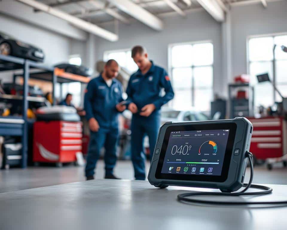 A sleek, modern vehicle diagnostic device positioned prominently in the foreground, showcasing its seamless design with an illuminated screen displaying vehicle health indicators. In the middle ground, a mechanic in a professional blue jumpsuit is attentively examining the device, surrounded by a well-organized garage filled with tools and automotive parts. The background features a bright, airy workshop with natural light streaming in from large windows, enhancing the cleanliness and simplicity of the environment. The atmosphere exudes a sense of professionalism and innovation, highlighting the ease of vehicle health monitoring. Use soft, diffused lighting to emphasize the modern, user-friendly design of the diagnostic tool, captured at a slightly low angle for an engaging perspective.
