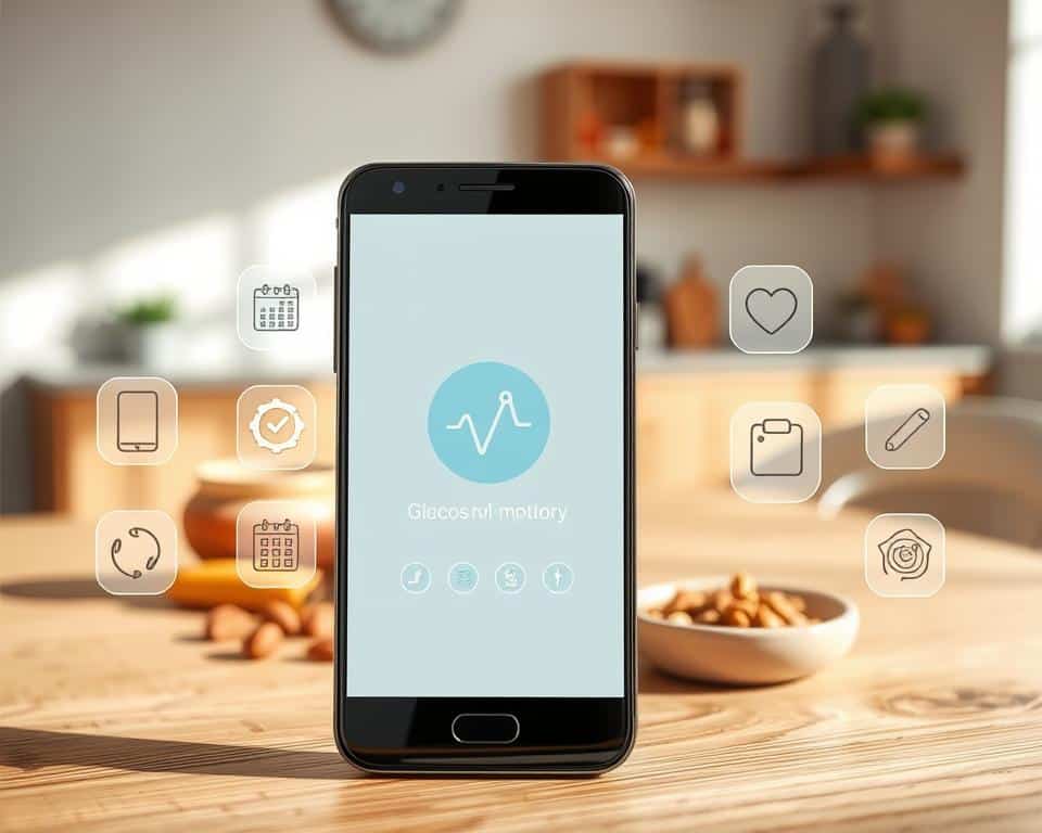 A sleek smartphone displaying a user-friendly glucose monitoring app on its screen, positioned prominently in the foreground. Surrounding the phone are visual representations of various app icons symbolizing different glucose management applications. In the middle ground, a soft-focus healthcare environment with a bright, inviting ambiance, including a wooden table and healthy snacks like fruits and nuts, enhancing the theme of wellness. The background features subtle elements of a modern, minimalistic kitchen, emphasizing health and technology. The lighting is soft and natural, casting gentle shadows to create depth, with a warm color palette that conveys a sense of calm and wellness. No people are present, ensuring focus remains on the apps and environment.