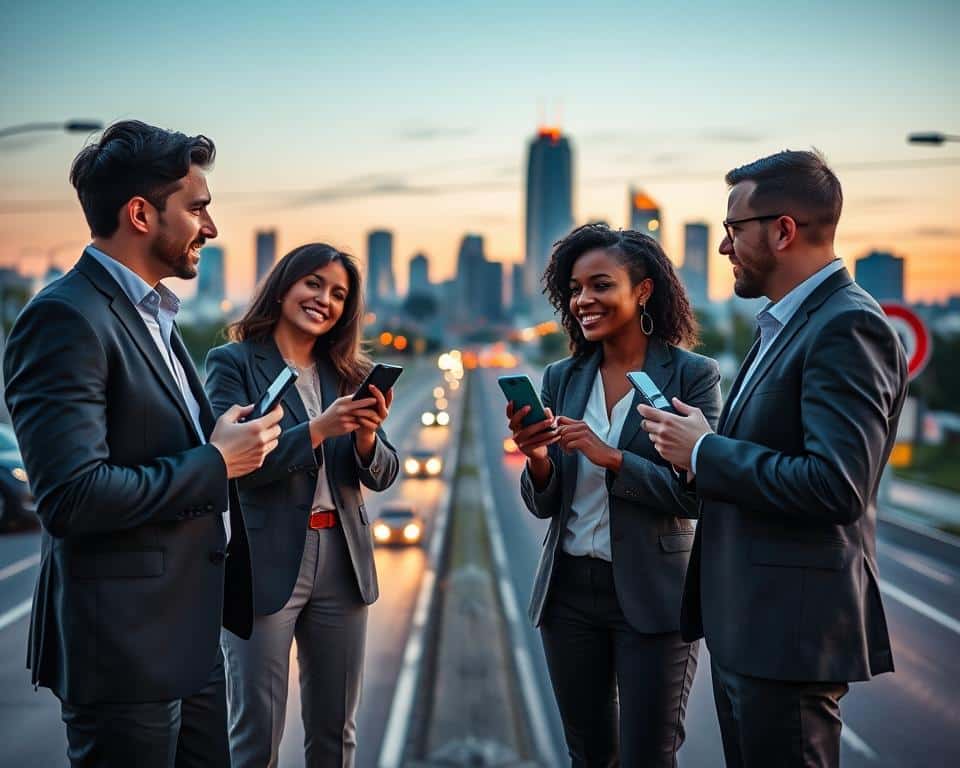 A vibrant and dynamic scene depicting a community of diverse users sharing real-time alerts about speed radars using a mobile app. In the foreground, a group of three individuals—two men and one woman—engaged in a lively discussion, holding smartphones that display notifications. They are dressed in professional business attire, showcasing a sense of collaboration and focus. In the middle ground, an urban landscape features a city street with clear road signs and radar warning signs. The background showcases a softly lit skyline during twilight, creating a warm and inviting atmosphere. The scene is captured at an eye-level angle, emphasizing urgency and community engagement, with a slight blur to suggest motion and interaction. The mood is one of determination and teamwork in pursuit of precision.