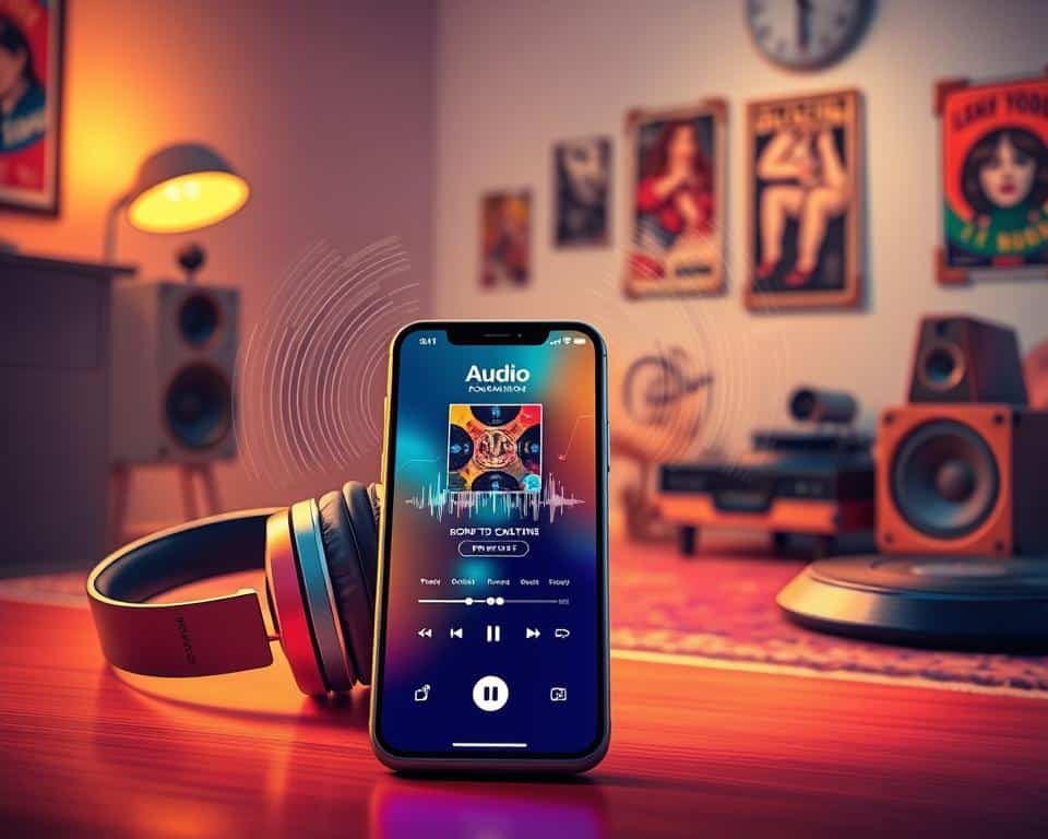 A vibrant digital illustration representing audio quality in music apps. In the foreground, a sleek smartphone displays a colorful music app interface with sound wave animations and glossy album artwork. To the left, a pair of high-fidelity headphones rests elegantly, radiating sound waves, depicted as shimmering lines flowing outward. In the middle ground, a cozy living room setup features a stylish speaker system and a record player, suggesting an immersive listening experience. The background showcases soft, warm lighting that creates a relaxed atmosphere, highlighting retro music elements like vinyl records and nostalgic posters. The overall mood conveys a sense of enjoyment and sophistication in music listening, ideal for exploring features that enhance user experience in audio apps.