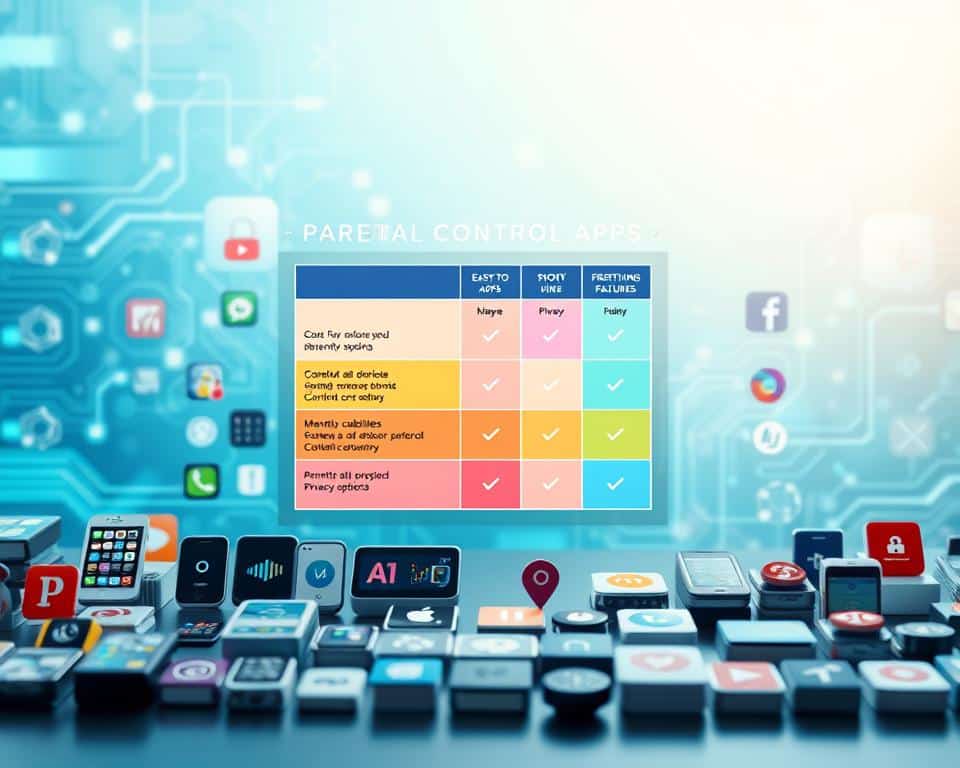 A visually engaging infographic representation of a comparative analysis of parental control apps prioritized by features. In the foreground, include icons or logos of various apps such as parental control symbols or screenshots of app interfaces, neatly arranged in columns. In the middle layer, display a colorful matrix or grid that highlights key features such as ease of use, monitoring capabilities, and privacy options, with visual indicators like stars or checkmarks for prioritization. In the background, create a technologically themed backdrop with soft gradients, circuits, or abstract patterns suggesting digital environments. Utilize bright, clear lighting to enhance readability and create a professional atmosphere, conveying trust and reliability in technology for parental control.
