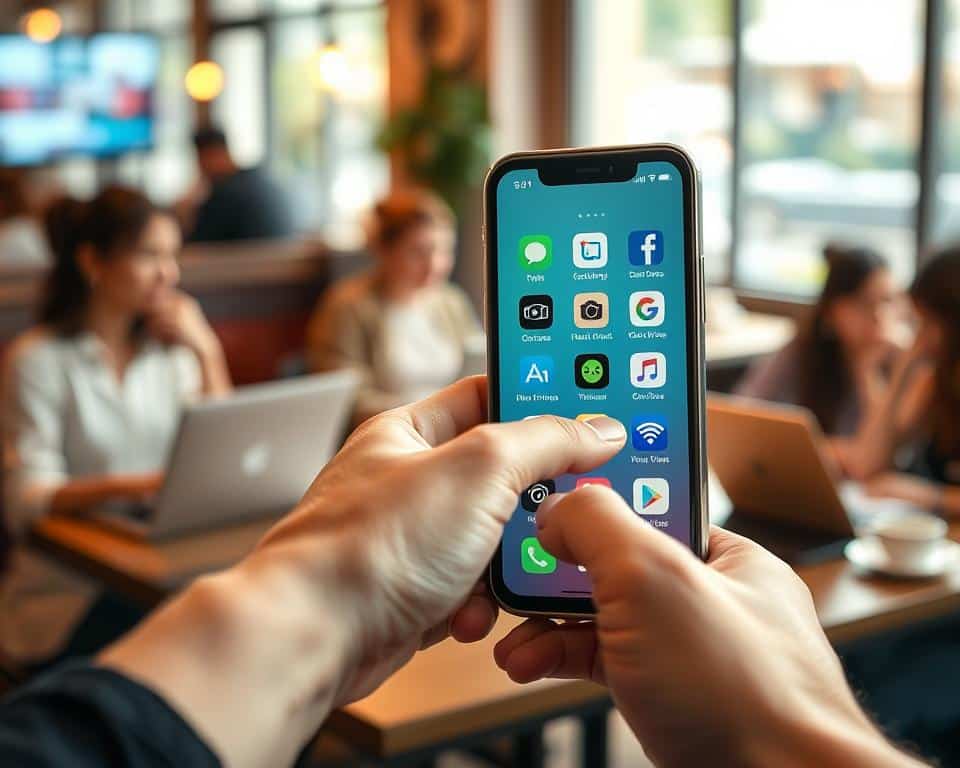 A visually engaging scene illustrating an "App for Connecting to Open WiFi Networks" with an emphasis on a curated list of applications. In the foreground, display a sleek smartphone showcasing a colorful interface filled with app icons representing popular WiFi applications. In the middle ground, feature a hand reaching out to touch the screen, symbolizing user interaction. The background should depict a cozy café setting with soft lighting, where people are working on laptops and enjoying coffee, conveying a sense of community and modern connectivity. Use warm tones for a welcoming atmosphere, with a soft-focus effect to highlight the smartphone and establish a clear focus. The overall mood should evoke a sense of security and convenience in accessing public WiFi.