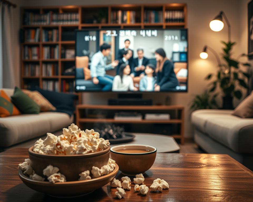A cozy living room setting featuring a comfortable sofa adorned with colorful cushions. In the foreground, a scene of freshly popped popcorn spilling from a bowl, with a steaming cup of tea on a wooden coffee table. In the middle ground, a large TV screen displaying an engaging scene from a popular Korean drama, surrounded by soft, warm lighting that creates a welcoming atmosphere. The background features a bookshelf filled with Korean drama DVDs and a plant for added vibrancy. The image conveys a relaxed, inviting mood, perfect for a marathon viewing session. The angle is slightly tilted, emphasizing the inviting nature of the living space, while capturing the essence of enjoying Korean dramas. No text or overlays. A cozy living room setting featuring a comfortable sofa adorned with colorful cushions. In the foreground, a scene of freshly popped popcorn spilling from a bowl, with a steaming cup of tea on a wooden coffee table. In the middle ground, a large TV screen displaying an engaging scene from a popular Korean drama, surrounded by soft, warm lighting that creates a welcoming atmosphere. The background features a bookshelf filled with Korean drama DVDs and a plant for added vibrancy. The image conveys a relaxed, inviting mood, perfect for a marathon viewing session. The angle is slightly tilted, emphasizing the inviting nature of the living space, while capturing the essence of enjoying Korean dramas. No text or overlays.