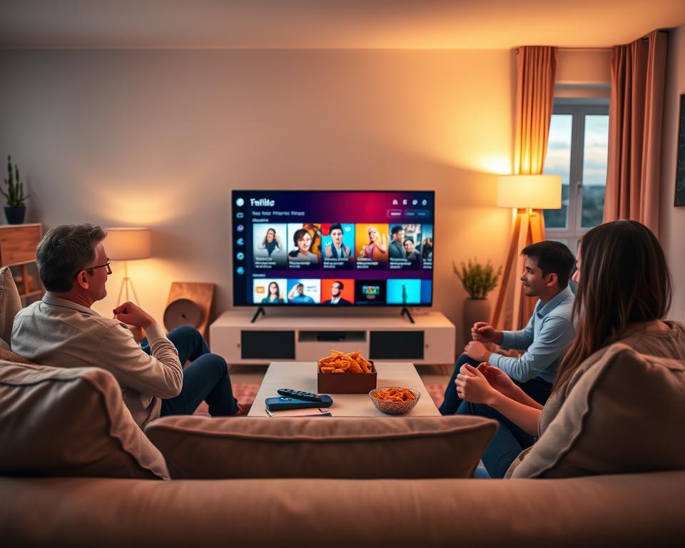 A cozy living room setting featuring a modern smart TV displaying a vibrant and engaging personalized interests list. In the foreground, a comfortable sofa adorned with plush cushions invites viewers in. A family of four, dressed in casual yet neat clothing, is interacting with the TV, their expressions showing excitement and interest. The middle ground includes a stylish coffee table with snacks and remote controls, adding a homely touch. In the background, warm lighting illuminates the room, creating a welcoming atmosphere. Soft shadows cast by modern lamps enhance depth, while a soft-focus view through a window reveals a serene evening sky. The overall mood is inviting and family-oriented, capturing the essence of creating and managing a perfect interest list through modern technology. A cozy living room setting featuring a modern smart TV displaying a vibrant and engaging personalized interests list. In the foreground, a comfortable sofa adorned with plush cushions invites viewers in. A family of four, dressed in casual yet neat clothing, is interacting with the TV, their expressions showing excitement and interest. The middle ground includes a stylish coffee table with snacks and remote controls, adding a homely touch. In the background, warm lighting illuminates the room, creating a welcoming atmosphere. Soft shadows cast by modern lamps enhance depth, while a soft-focus view through a window reveals a serene evening sky. The overall mood is inviting and family-oriented, capturing the essence of creating and managing a perfect interest list through modern technology.