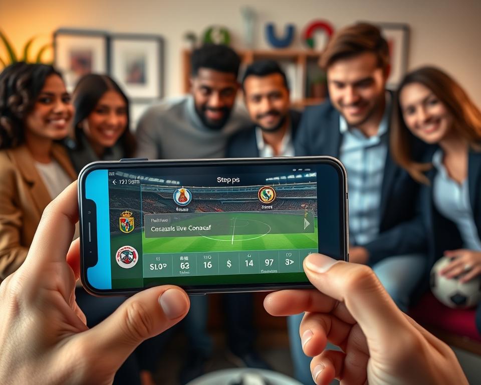 A dynamic and engaging scene depicting a smartphone displaying a step-by-step app interface for live streaming soccer games, specifically the Concacaf matches. In the foreground, the phone is held by a diverse group of people, dressed in business casual attire, intently focused on the app. The middle layer includes visual elements like colorful logos of teams and icons representing different features of the app. The background features a vibrant living room setting, with subtle decorations indicating a sports theme, such as a soccer ball or jerseys. Soft, warm lighting creates an inviting atmosphere, while a slight depth of field effect focuses attention on the phone, conveying excitement and anticipation for the upcoming game.