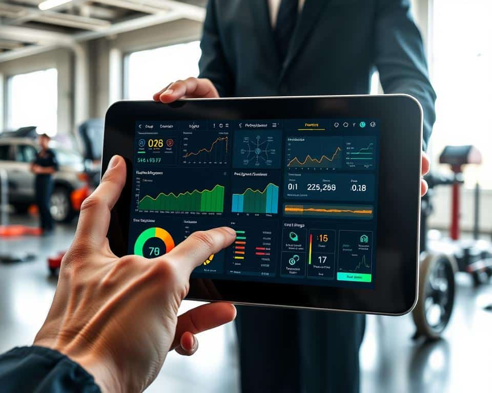 A futuristic automotive scanner app interface displayed on a sleek touchscreen device. In the foreground, the screen shows vibrant, real-time data analytics, including engine diagnostics, sensors, and vehicle performance metrics, with colorful graphs and indicators. The middle ground features a pair of hands, one tapping the screen, dressed in professional business attire. In the background, a modern garage with tools and automotive parts is softly illuminated by natural daylight streaming through large windows, creating a clean and organized atmosphere. The overall mood is one of high-tech efficiency and innovation, inviting users to engage with cutting-edge automotive technology. Emphasize clarity and user-friendliness in the app design, with a focus on usability for both professionals and enthusiasts.