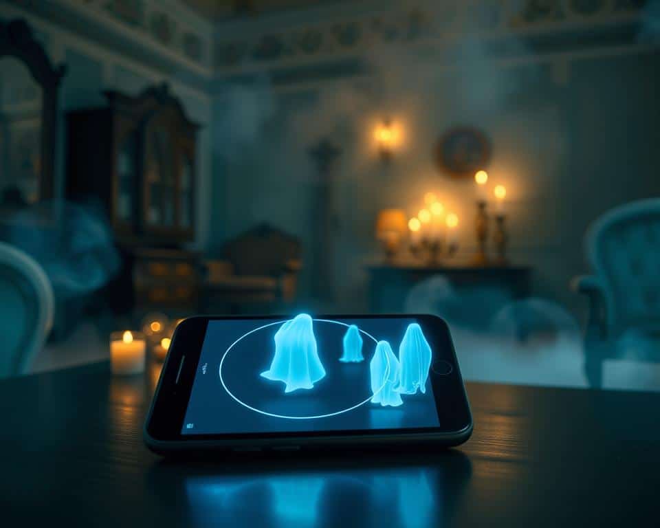 A futuristic scene featuring a smartphone displaying an interactive ghost detection app, labeled "Ghost Detector Radar AR," on its screen. In the foreground, the phone's interface showcases glowing radar waves emanating from the device, illuminating faint ghostly silhouettes that appear semi-transparent in shades of white and blue. The middle ground includes a dimly lit room with vintage furniture and flickering candles, casting soft shadows. The background reveals a mysterious, misty atmosphere with ethereal lights floating, enhancing the paranormal theme. The overall lighting is eerie yet captivating, creating an intriguing mood that evokes curiosity about the spectral world. Use a slight angle to emphasize the phone and its ghostly findings.