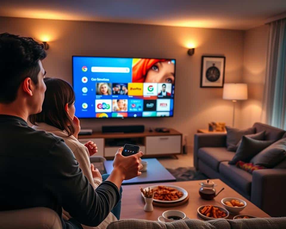 A modern living room showcasing a family gathered around a large flat-screen TV, immersed in the Google TV app interface. In the foreground, a young couple, dressed in casual yet stylish attire, use a sleek remote control, displaying looks of excitement and engagement. In the middle ground, the wall-mounted TV displays a colorful and vibrant Google TV homepage, filled with various streaming options, customizing personal recommendations. The background features soft, warm lighting from floor lamps, creating a cozy atmosphere, with inviting decor that emphasizes a contemporary lifestyle. The room is spacious, with plush furniture and a coffee table adorned with snacks, enhancing the sense of a joyful viewing experience. The overall mood is friendly and inviting, reflecting family togetherness and modern technology.