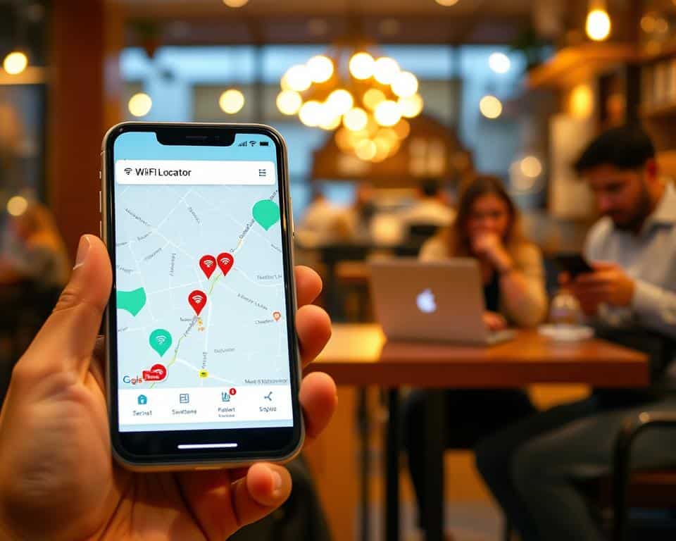 A modern mobile application interface displaying a user-friendly Wi-Fi locator feature. The foreground showcases a sleek smartphone with a vibrant screen, featuring a map view indicating nearby open Wi-Fi networks with pins and signal strength indicators. Icons representing different network types and connection statuses are visible. In the middle background, a cozy café ambiance is seen through blurred glass, with subtle hints of patrons using laptops and their own devices. The atmosphere is warm and inviting, with soft lighting creating a relaxed feel. The image is captured from a slightly elevated angle, reminiscent of a user interacting with the app, emphasizing functionality and ease-of-use.