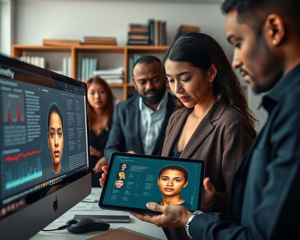 A modern workspace featuring a diverse group of researchers engaged in analyzing ancestry through facial recognition technology. In the foreground, a close-up of a computer screen displaying an AI interface with detailed ancestry data. In the middle ground, a researcher, dressed in smart-casual attire, examines a digital tablet that shows a composite image of a face with various ethnic markers highlighted. The background showcases shelves of books and genetic data charts, creating a scholarly atmosphere. The lighting is bright and focused, emphasizing the high-tech equipment, with soft shadows suggesting a late afternoon. The overall mood is innovative and collaborative, illustrating the intersection of technology and personal history.