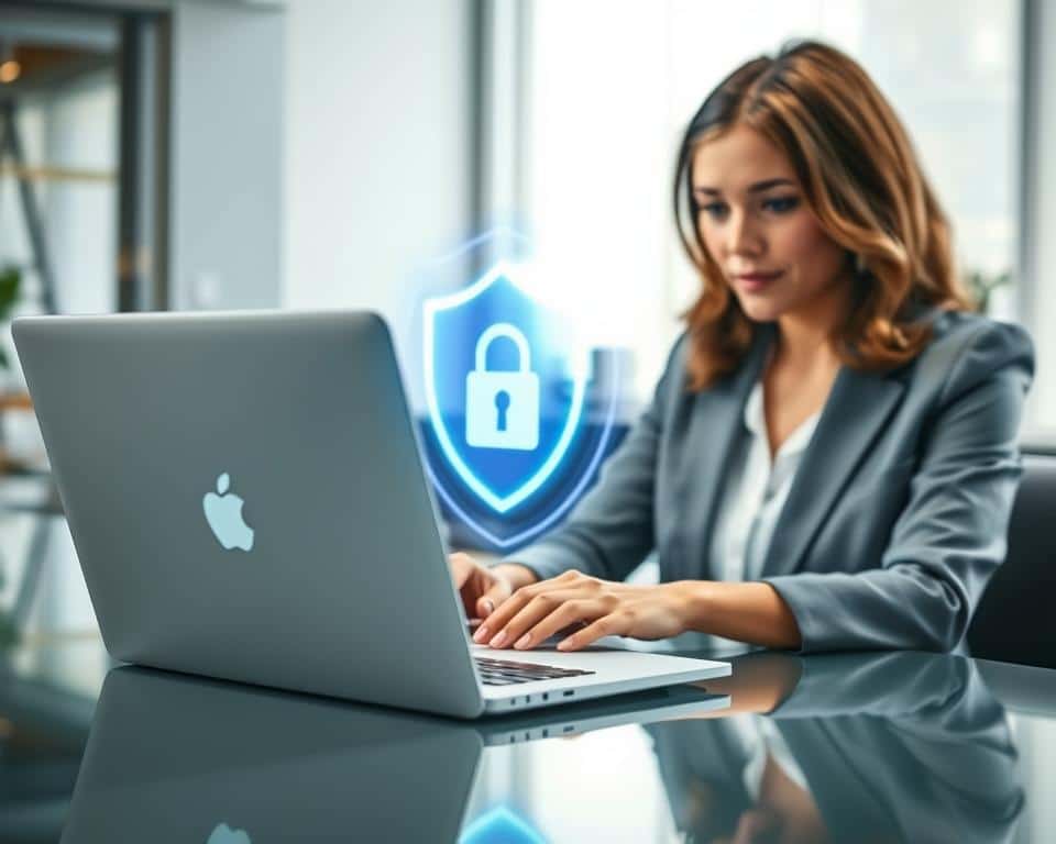 A professional businesswoman sitting at a sleek desk, focused on her laptop displaying the Instagram logo, symbolizing account security. The foreground features a close-up of a lock icon on the screen, representing protection. In the middle, a digital shield appears, glowing softly, evoking the sense of safety and security around social media accounts. The background includes soft-focus elements of a modern office, with gentle ambient lighting that creates a calm atmosphere. The mood is serious yet empowering, highlighting the importance of securing online identities. The image should emphasize a blend of technology and professionalism, using bright, engaging colors to convey a sense of hope and vigilance in securing social media accounts.