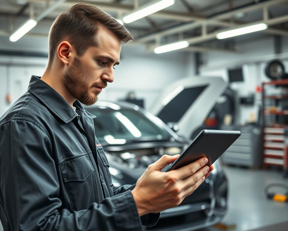 A professional mechanic, dressed in a smart uniform, is intently using a modern automotive diagnostic app on a tablet inside a well-lit garage. In the foreground, the mechanic's focused expression highlights the importance of the technology. The middle ground features a sleek, contemporary car with its hood open, indicating it's being diagnosed. Various electronic components and wiring are visible, suggesting a connection to the car's ECU. The background is filled with tools and equipment, subtly reflecting a high-tech yet organized workspace. The lighting is bright and inviting, creating an atmosphere of professionalism and expertise, with a slight lens distortion for a dynamic composition. The overall mood conveys accessibility and innovation in automotive diagnostics.