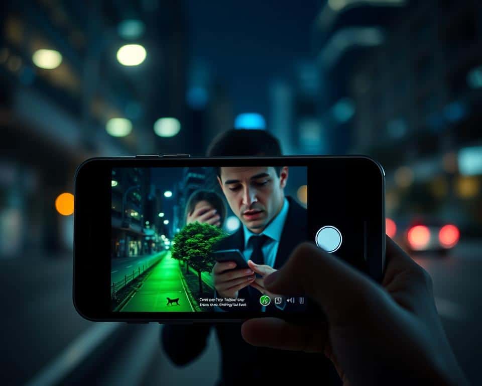 A sleek, modern smartphone displaying the Night Eyes app interface in a dimly lit environment, emphasizing its night vision capabilities. In the foreground, the phone’s screen showcases real-time footage with vibrant green hues, highlighting various nighttime details such as streets, trees, and subtle animal movements. The middle layer features a person in professional business attire, focused and using the app, their expression reflecting intrigue and concentration. The background is a softly blurred urban nighttime scene, with ambient city lights glowing gently, creating an engaging yet serene atmosphere. The lighting is low-key, evoking a sense of stealth and discretion, perfect for nighttime operations.
