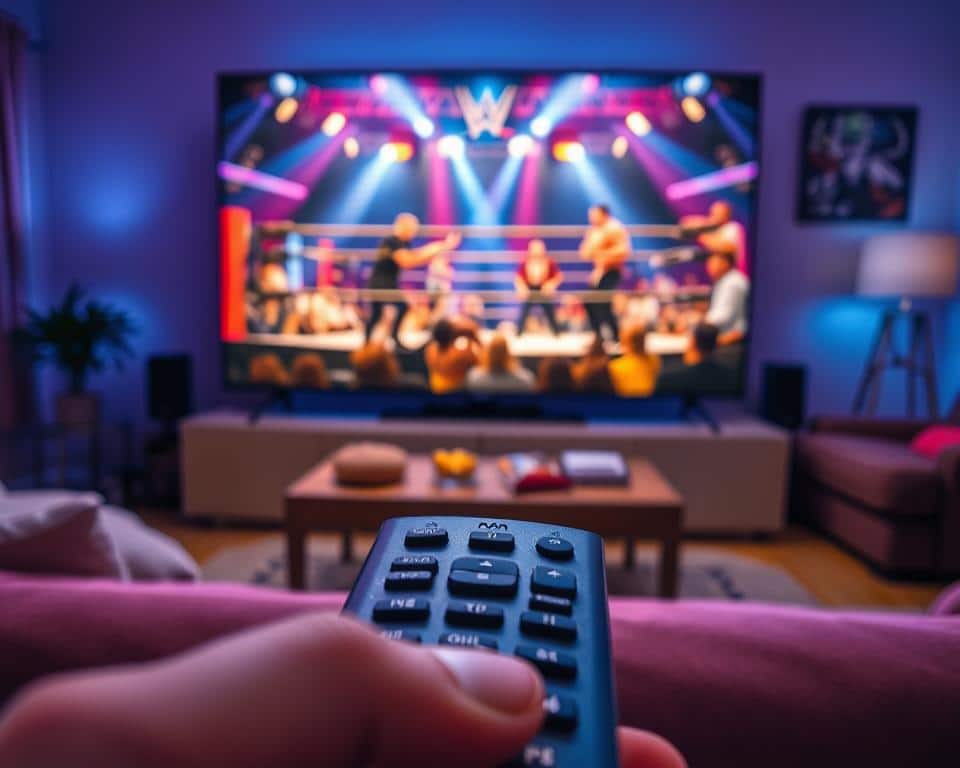 A vibrant and dynamic image depicting a modern television screen showcasing a wrestling match being streamed on Pluto TV. The foreground features a close-up of a remote control with various buttons labeled, set against a cozy living room environment. In the middle, the screen displays colorful wrestling action, capturing the excitement and movement of the wrestlers in the ring, with bright lights illuminating their athleticism. The background shows a comfortable sofa, a coffee table with snacks, and soft ambient lighting creating a welcoming atmosphere. The overall mood is energetic and engaging, inviting viewers to enjoy affordable wrestling entertainment at home.