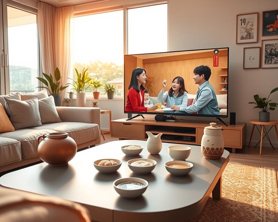 A vibrant, modern living room showcasing a cozy viewing space with a large flat-screen TV prominently displaying a scene from an engaging Korean drama. In the foreground, a sleek, stylish coffee table is adorned with traditional Korean snacks, such as rice cakes and tea. To the left, a comfortable couch is decorated with plush cushions in soft pastel colors. In the background, large windows let in warm, golden sunlight, creating a cheerful and inviting atmosphere. Subtle decorative elements, like potted plants and framed artwork depicting Korean culture, add depth to the scene. The composition conveys a sense of relaxation and enjoyment, perfect for fans indulging in fresh Korean content through KOCOWA. Bright, natural lighting enhances the overall feel, and the camera angle is slightly elevated, capturing both the foreground detail and the inviting space. A vibrant, modern living room showcasing a cozy viewing space with a large flat-screen TV prominently displaying a scene from an engaging Korean drama. In the foreground, a sleek, stylish coffee table is adorned with traditional Korean snacks, such as rice cakes and tea. To the left, a comfortable couch is decorated with plush cushions in soft pastel colors. In the background, large windows let in warm, golden sunlight, creating a cheerful and inviting atmosphere. Subtle decorative elements, like potted plants and framed artwork depicting Korean culture, add depth to the scene. The composition conveys a sense of relaxation and enjoyment, perfect for fans indulging in fresh Korean content through KOCOWA. Bright, natural lighting enhances the overall feel, and the camera angle is slightly elevated, capturing both the foreground detail and the inviting space.