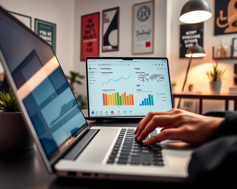 A visually appealing workspace showcasing official Instagram analytics data on a high-resolution laptop screen. In the foreground, a close-up of the laptop keyboard, with hands in business attire typing, depicting a dedicated professional analyzing metrics. In the middle ground, the laptop screen displays vibrant graphs and charts representing follower demographics, engagement rates, and insights, illuminated by a soft desk lamp's warm light. In the background, a modern office setting with minimalistic decor, plants, and motivational posters, creating an inspiring atmosphere. The scene is captured with a shallow depth of field, focusing on the analytical data while softly blurring the background, giving a sense of clarity and concentration on the metrics that can be safely accessed.