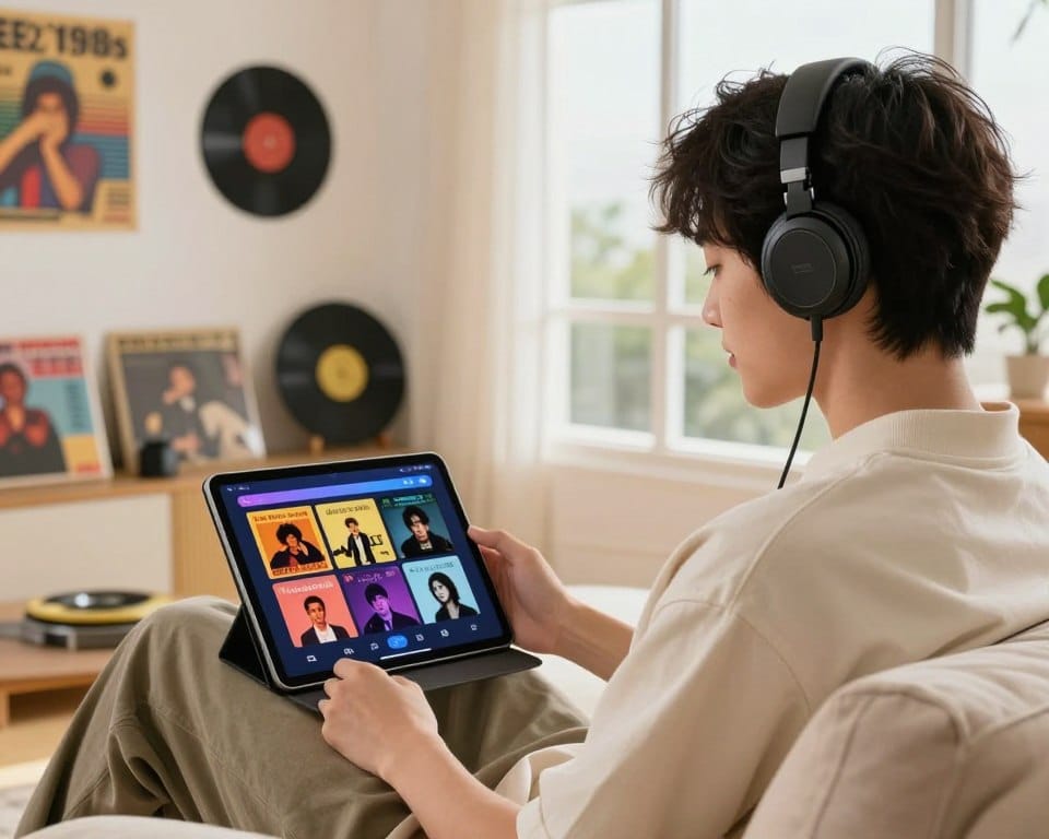 Pessoa ouvindo músicas dos anos 80 em um serviço de áudio com sucessos antigos