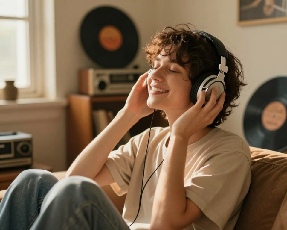 Pessoa usando fones de ouvido e sorrindo, ouvindo música antiga com olhos fechados, expressando nostalgia