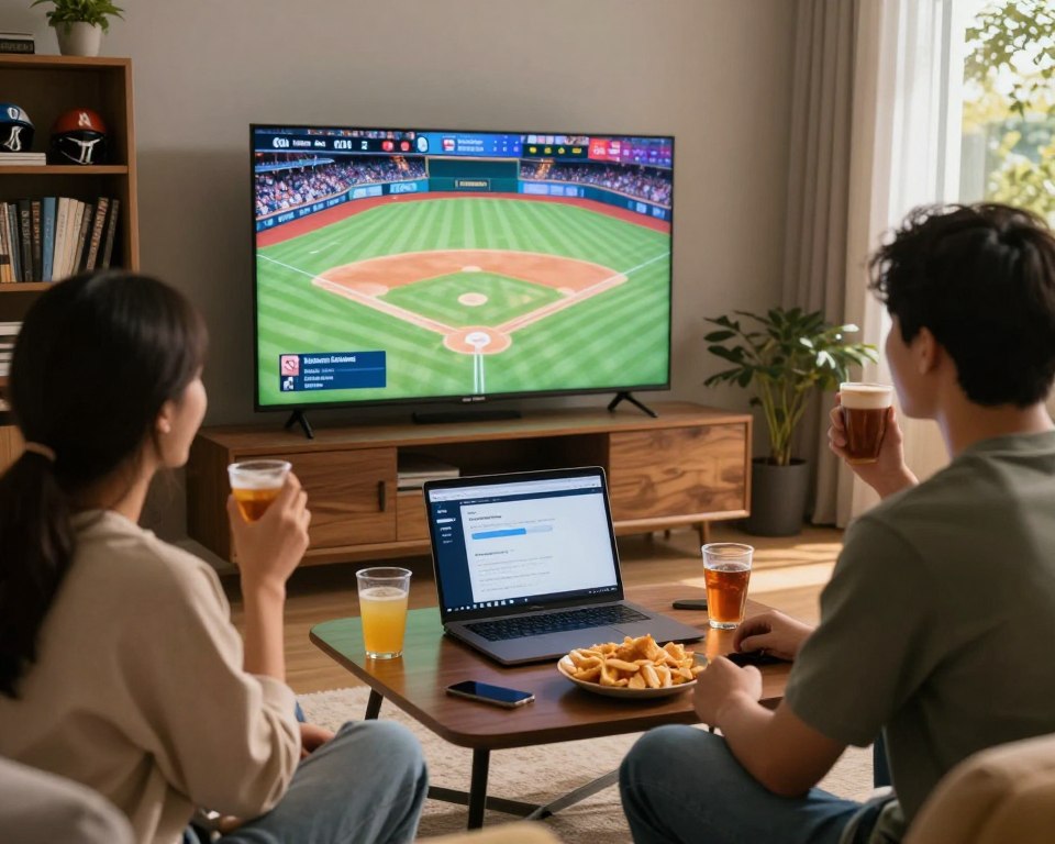 A cozy living room scene focused on a large flat-screen TV displaying a vibrant baseball game streaming. In the foreground, a group of three friends dressed in casual, modest attire, are happily watching the game, with snacks and drinks on a table. The middle ground features a laptop open beside them, showcasing a stable streaming connection status. The background includes a bookshelf filled with sports memorabilia and a window showing a sunny day outside, adding warmth to the atmosphere. Soft, natural lighting illuminates the room, creating an inviting and relaxed mood, emphasizing the joy of a seamless streaming experience.