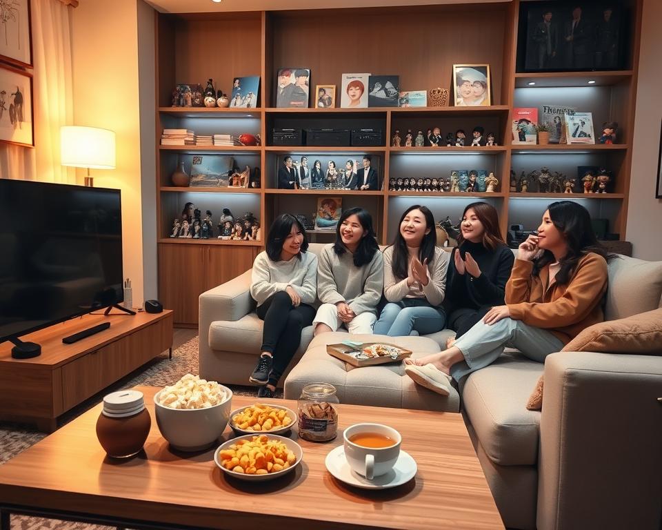 A cozy living room setting bathed in soft, warm lighting, featuring a large flat-screen TV displaying a popular Korean drama scene. In the foreground, a stylish coffee table is adorned with snacks like popcorn and traditional Korean treats, alongside a steaming cup of tea. The middle section contains a plush, inviting sofa where a group of friends, dressed in comfortable, modest clothing, joyfully discuss their favorite dramas, reflecting excitement. In the background, shelves filled with drama merchandise, such as posters and figurines, create a vibrant atmosphere of fandom. The overall mood is relaxed and cheerful, inviting viewers to binge-watch their favorite shows. Use a wide-angle lens to capture the warmth and togetherness of the scene, enhancing the feeling of camaraderie among friends. A cozy living room setting bathed in soft, warm lighting, featuring a large flat-screen TV displaying a popular Korean drama scene. In the foreground, a stylish coffee table is adorned with snacks like popcorn and traditional Korean treats, alongside a steaming cup of tea. The middle section contains a plush, inviting sofa where a group of friends, dressed in comfortable, modest clothing, joyfully discuss their favorite dramas, reflecting excitement. In the background, shelves filled with drama merchandise, such as posters and figurines, create a vibrant atmosphere of fandom. The overall mood is relaxed and cheerful, inviting viewers to binge-watch their favorite shows. Use a wide-angle lens to capture the warmth and togetherness of the scene, enhancing the feeling of camaraderie among friends.