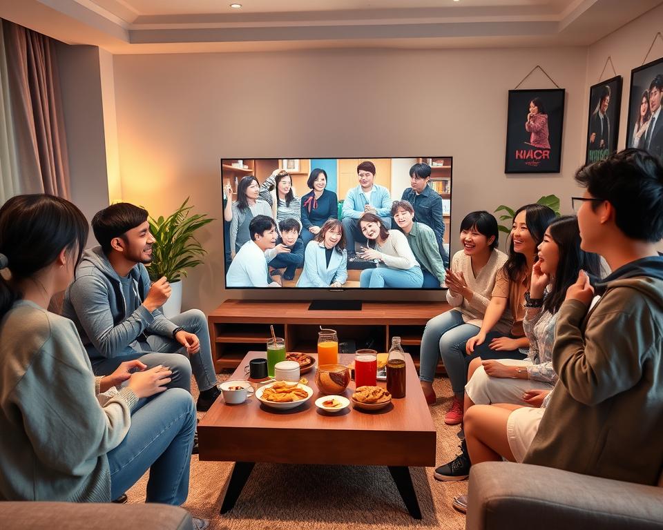 A lively scene depicting a cozy, modern living room where a group of friends, dressed in casual yet stylish attire, gathers around a large flat-screen TV, excitedly watching a popular Korean drama. In the foreground, the friends are animatedly discussing the show's latest plot twists, with expressions of joy and surprise. The middle ground features a stylish coffee table filled with snacks and drinks, enhancing the casual and inviting atmosphere. In the background, soft lighting creates a warm ambiance, with decorative elements like potted plants and framed posters of iconic Korean dramas on the walls. The overall mood is vibrant and engaging, capturing the essence of enjoying updated content in real-time. Use a wide-angle lens to emphasize the intimacy of the gathering.