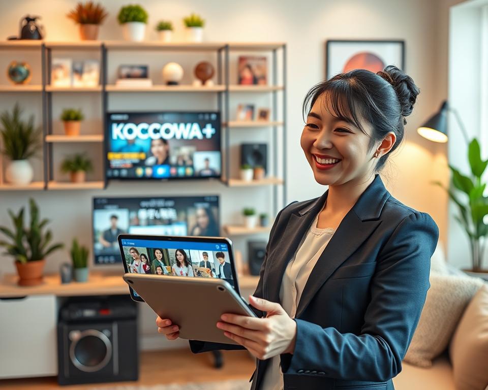 A modern digital streaming app interface displaying the KOCOWA+ logo prominently, situated against a sleek workspace backdrop that includes a high-tech computer with streaming content featuring popular Korean dramas and variety shows on the screen. In the foreground, a well-dressed professional happily interacts with the app on a tablet, showcasing excitement and engagement. The middle ground features airy shelves filled with K-drama merchandise, vibrant potted plants, and a well-organized desk. The background is softly blurred but shows hints of a cozy yet modern living room with Korean decor elements. Soft, warm lighting creates an inviting atmosphere, emphasizing the innovation of Korean television streaming. The focus is on creating a sense of connection to Korean culture through modern technology.
