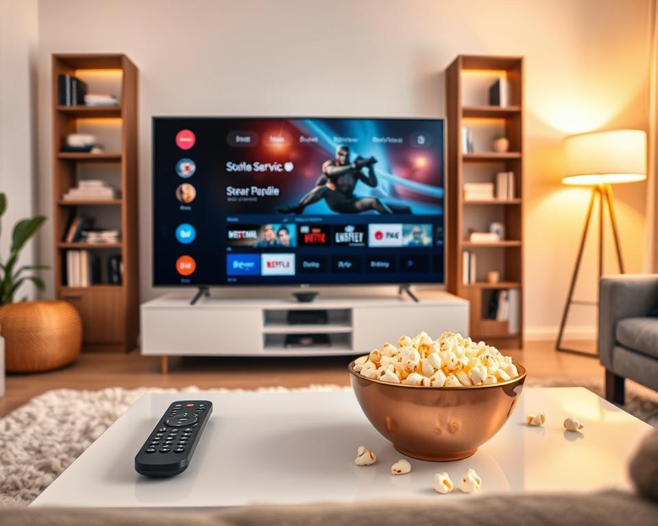 A modern living room depicted in the foreground, featuring a smart TV displaying an engaging streaming service interface with multiple channel options and a prominent widget on the home screen. In the middle ground, a sleek coffee table holds a remote control and a bowl of popcorn, enhancing the cozy atmosphere. The background showcases a stylish bookshelf and soft lighting with warm tones, evoking a sense of comfort and personalization. The image is captured from a slight angle to emphasize the TV and cozy room setting, creating an inviting mood perfect for enjoying streaming entertainment. The scene should feel modern and sophisticated, with no people present, focusing solely on the technological setup.