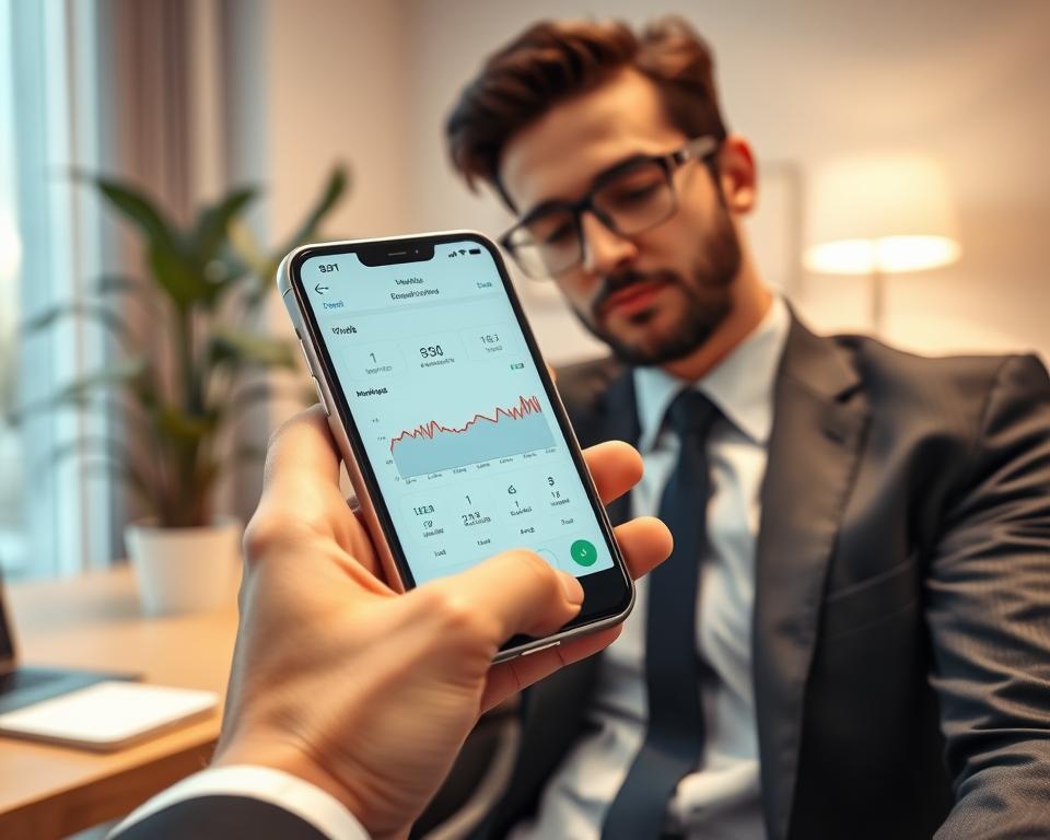 A sleek smartphone displaying a user-friendly blood pressure monitor app interface, held by a professional in smart business attire, focusing on the screen, showcasing vibrant graphs and data points. In the background, a modern office setting with soft lighting, a stylish desk, and a plant, creating a relaxed yet focused atmosphere. The image is captured from a slight upward angle, emphasizing the phone and app interface, with a warm color palette that conveys trust and innovation. The scene encapsulates the evolving technology in health monitoring, inviting viewers to explore the best applications for tracking blood pressure.