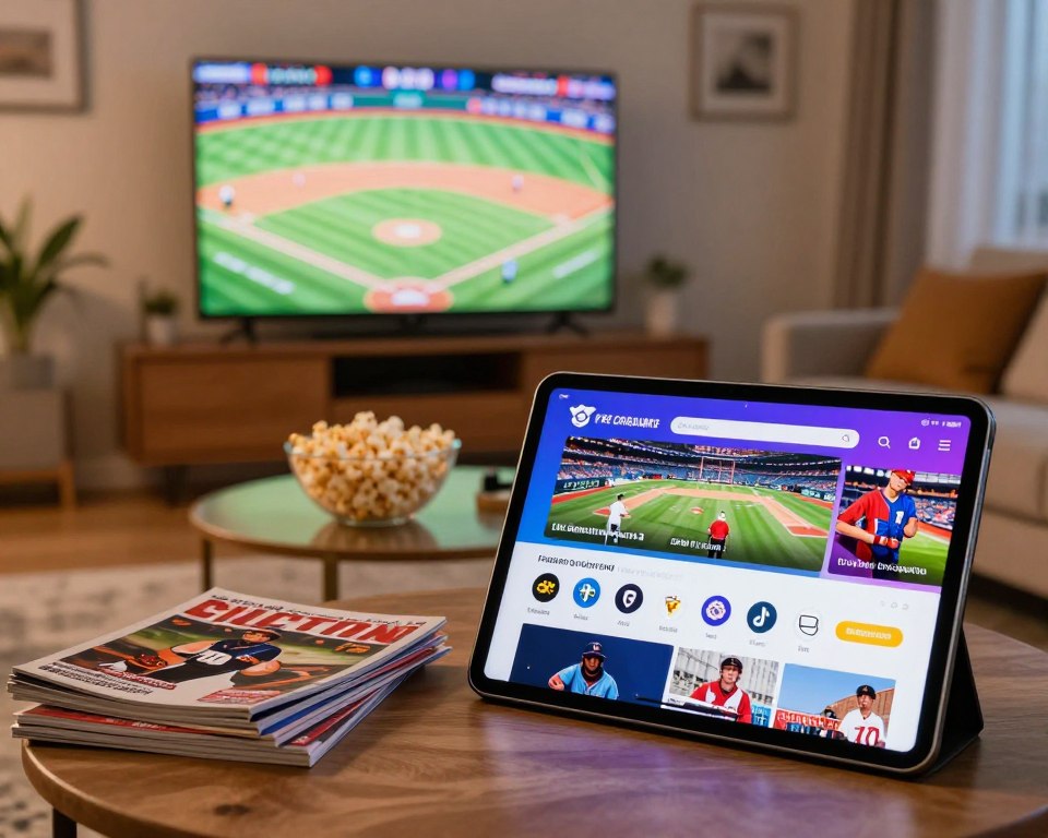 A vibrant and engaging scene depicting various free streaming platforms showcasing live sports, specifically focusing on baseball. In the foreground, include a sleek tablet displaying a colorful interface of a streaming app with baseball highlights playing. In the middle ground, illustrate a cozy living room setting with a comfortable couch, a stylish coffee table stacked with sports magazines, and a bowl of popcorn. The background features a large TV mounted on the wall, showing a live baseball game, with soft ambient lighting creating a warm atmosphere. The overall mood should be lively and inviting, perfect for sports fans enjoying the thrill of a game night at home. The image should be clear, with a focus on vibrant colors, and should reflect a sense of excitement and community.