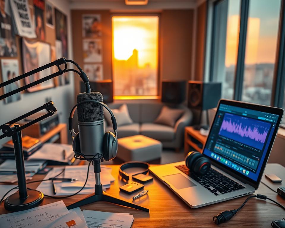 A vibrant and engaging workspace for online radio broadcasting. In the foreground, a sleek microphone and high-quality headphones sit on a desk cluttered with notes and a laptop displaying a colorful audio interface. The middle ground features a cozy seating area with a comfortable chair and a compact radio receiver, all surrounded by soundproofing acoustic panels. The background shows a wall adorned with music posters and a window revealing a city skyline, bathed in warm, golden lighting from a sunset. The atmosphere is dynamic and inspiring, fostering creativity and excitement for radio enthusiasts. Capture the essence of modern online radio with a professional and inviting feel, highlighting innovation and passion for audio.