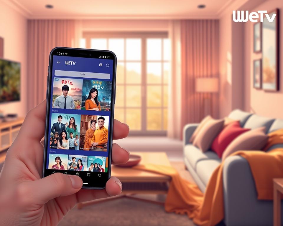 A vibrant digital illustration depicting the WeTV platform showcasing Chinese dramas. In the foreground, feature a smartphone held in a person's hand, displaying the WeTV app interface filled with colorful thumbnails of various doramas, each showcasing diverse characters in beautiful settings. In the middle, include a cozy living room environment, with a stylish couch adorned with plush cushions and a warm-colored throw blanket, suggesting a comfortable viewing experience. The background should reveal a softly lit atmosphere with a large window where gentle sunlight filters through, casting beautiful shadows. The overall mood should feel inviting and warm, perfect for movie night, while focusing on the charm and excitement of Chinese television dramas. Ensure all elements are harmonious and appealing, with no text or branding visible. A vibrant digital illustration depicting the WeTV platform showcasing Chinese dramas. In the foreground, feature a smartphone held in a person's hand, displaying the WeTV app interface filled with colorful thumbnails of various doramas, each showcasing diverse characters in beautiful settings. In the middle, include a cozy living room environment, with a stylish couch adorned with plush cushions and a warm-colored throw blanket, suggesting a comfortable viewing experience. The background should reveal a softly lit atmosphere with a large window where gentle sunlight filters through, casting beautiful shadows. The overall mood should feel inviting and warm, perfect for movie night, while focusing on the charm and excitement of Chinese television dramas. Ensure all elements are harmonious and appealing, with no text or branding visible.