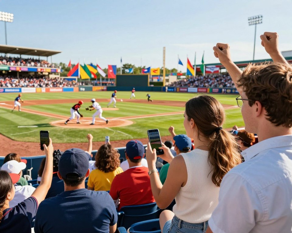 A vibrant scene depicting a lively baseball game in an outdoor setting, with a diverse group of fans enthusiastically watching from the stands. In the foreground, a young couple, dressed in smart casual attire, cheers while holding smartphones displaying scores and game highlights. In the middle, players in colorful uniforms engage in an exciting play on the field, capturing the spirit of competition. The background shows a packed stadium under a bright blue sky, with colorful banners waving and flags representing different teams. The mood is festive and energetic, with sunlight casting warm, inviting rays over the scene, highlighting the excitement of watching baseball without breaking the bank. The image captures the essence of accessible, free opportunities to enjoy baseball during the World Cup.
