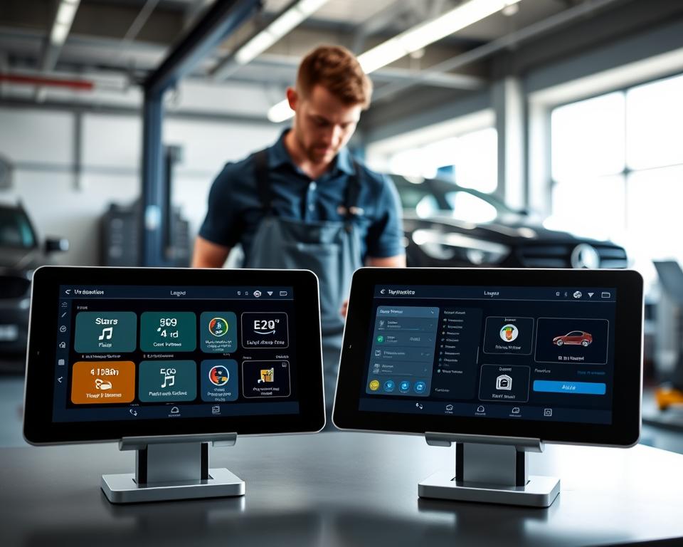 A visually engaging comparison of automotive diagnostic apps displayed on digital screens in a sleek garage environment. In the foreground, showcase two tablets side by side, each with a vibrant app interface highlighting different features and functionalities related to car diagnostics. In the middle ground, include a professional mechanic, wearing a polo shirt and overalls, analyzing the screens with focused attention. In the background, depict a modern car on a lift, illuminated by soft overhead lighting that creates a professional and high-tech ambiance. The overall mood conveys innovation and expertise, inviting viewers to explore the benefits of these applications for car maintenance. A visually engaging comparison of automotive diagnostic apps displayed on digital screens in a sleek garage environment. In the foreground, showcase two tablets side by side, each with a vibrant app interface highlighting different features and functionalities related to car diagnostics. In the middle ground, include a professional mechanic, wearing a polo shirt and overalls, analyzing the screens with focused attention. In the background, depict a modern car on a lift, illuminated by soft overhead lighting that creates a professional and high-tech ambiance. The overall mood conveys innovation and expertise, inviting viewers to explore the benefits of these applications for car maintenance.