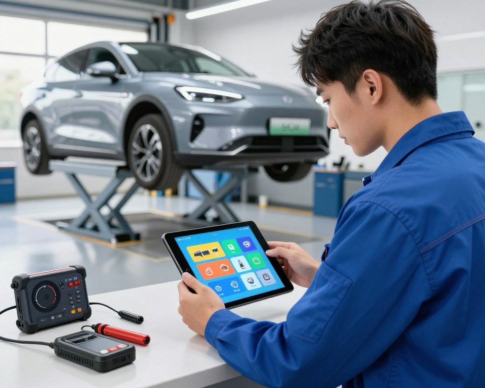 A visually engaging scene set in a modern automotive workshop, showcasing a professional mechanic using a diagnostic scanner app on a tablet. In the foreground, the mechanic, dressed in a smart blue uniform, closely examines the tablet screen, where vibrant icons representing various automotive functions are displayed. In the middle, a sleek car is elevated on a lift, with tools and diagnostic equipment neatly arranged nearby, creating an organized workspace. The background features bright, natural lighting filtering through large windows, illuminating the space and enhancing the atmosphere of innovation and professionalism. The overall mood is focused and collaborative, reflecting the theme of choosing the ideal automotive scanner app to meet various needs.