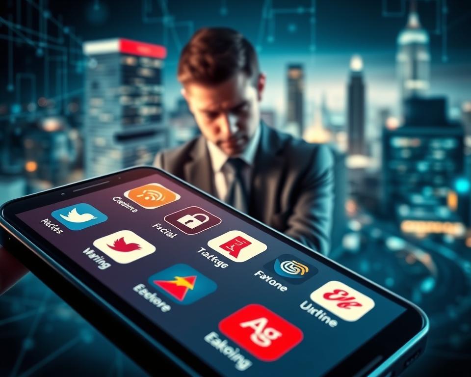 A visually striking illustration depicting the risks of third-party apps on security. In the foreground, a stylized close-up of a smartphone screen displaying the icons of various popular social media and third-party apps, some with red warning symbols. The middle ground features a concerned individual in business attire, glancing at the phone, conveying a sense of caution and unease. In the background, a blurred cityscape symbolizes the digital realm, with a slight overlay of binary code and network lines to represent data flow. The lighting is dramatic, with a soft focus on the phone while the surrounding area is illuminated with cool tones, creating a tense atmosphere. Overall, the image conveys a sense of urgency and awareness regarding online security risks. A visually striking illustration depicting the risks of third-party apps on security. In the foreground, a stylized close-up of a smartphone screen displaying the icons of various popular social media and third-party apps, some with red warning symbols. The middle ground features a concerned individual in business attire, glancing at the phone, conveying a sense of caution and unease. In the background, a blurred cityscape symbolizes the digital realm, with a slight overlay of binary code and network lines to represent data flow. The lighting is dramatic, with a soft focus on the phone while the surrounding area is illuminated with cool tones, creating a tense atmosphere. Overall, the image conveys a sense of urgency and awareness regarding online security risks.