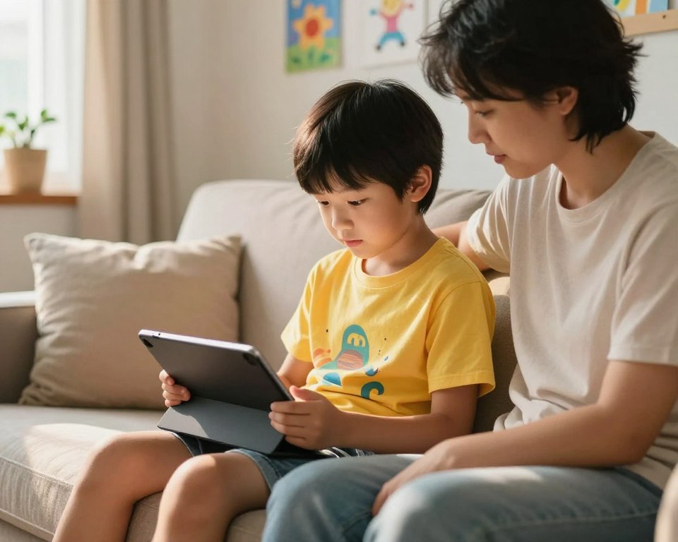 criança usando tablet com supervisão parental criança usando tablet com supervisão parental